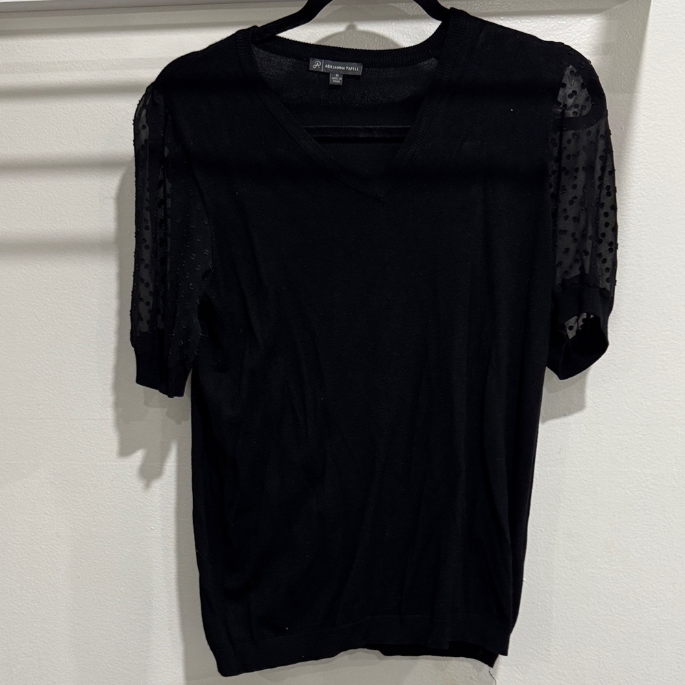 Adrianna Papell Black V-Neck Knit Top with Sheer Dotted Sleeves